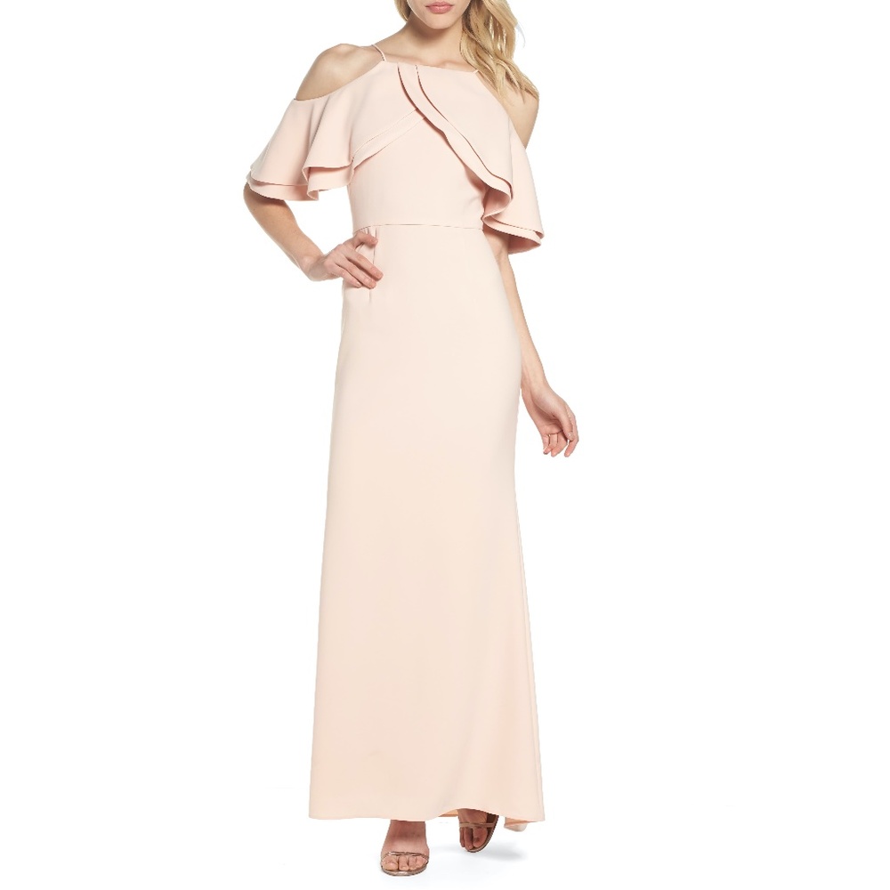 NEW Eliza J Ruffle Bodice Cold Shoulder Gown Blush Size 8P